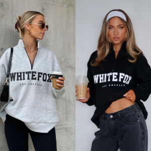 White Fox Zipper Stand up Collar Design Women's Sweatshirt