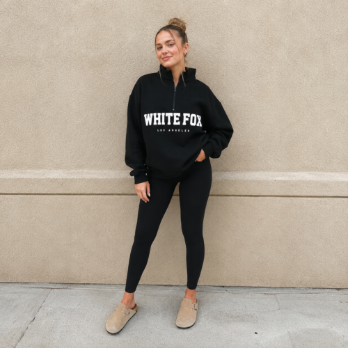 White Fox Zipper Stand up Collar Design Women's Sweatshirt photo review
