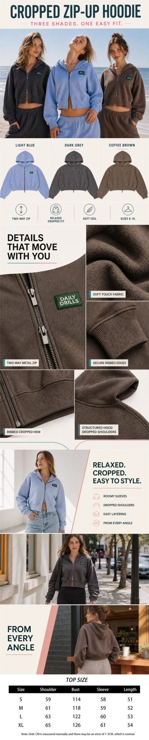 Y303 Women’s Cropped Zip-Up Hoodie – product details, colors, features and size chart