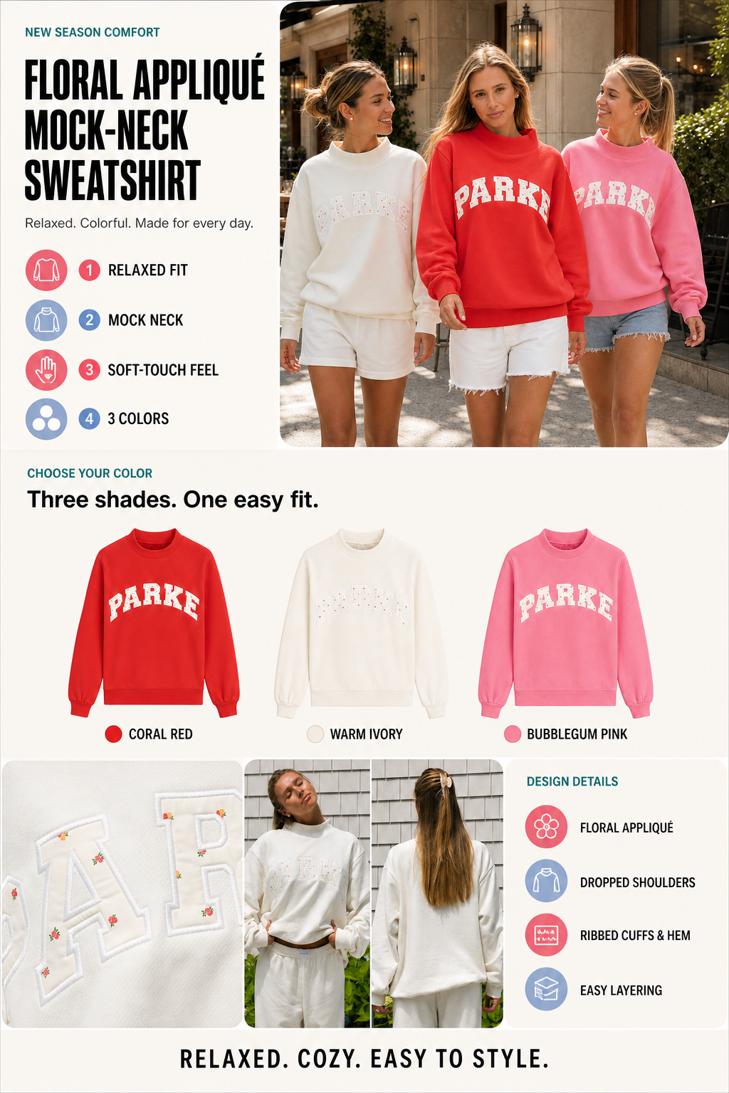 Women’s oversized floral appliqué mock neck sweatshirt in red, ivory and pink