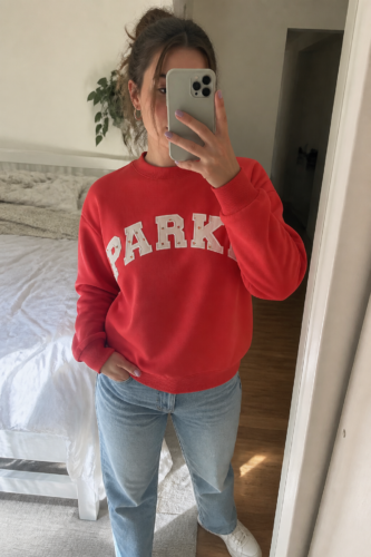 Women’s Oversized Floral Letter Mock Neck Sweatshirt photo review