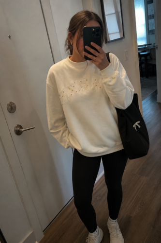 Women’s Oversized Floral Letter Mock Neck Sweatshirt photo review