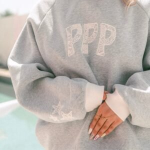 Heather grey sweatshirt lace embroidery and star sleeve details