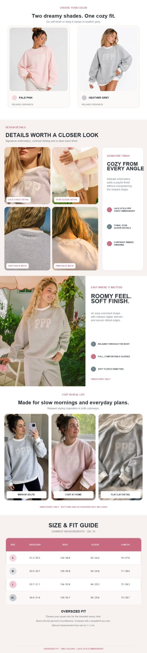 Women’s pale pink and heather grey oversized crewneck sweatshirt with lace-style PPP embroidery and star sleeve details