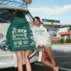 Y305 oversized embroidered hoodies in Forest Green and Heather Cream, back and front views