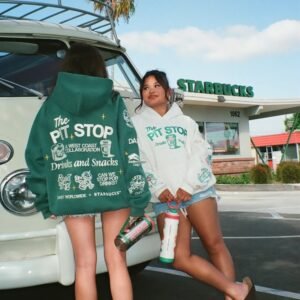 Y305 oversized embroidered hoodies in Forest Green and Heather Cream, back and front views