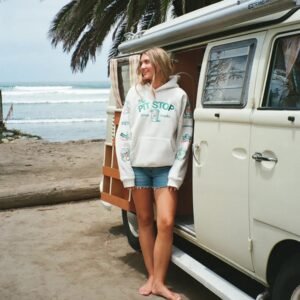 Y305 Heather Cream oversized embroidered hoodie, front view with kangaroo pocket