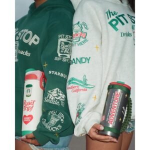 Y305 Forest Green and Heather Cream hoodie embroidery and sleeve details