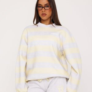 Lemon yellow and grey striped oversized sweatshirt, studio front view