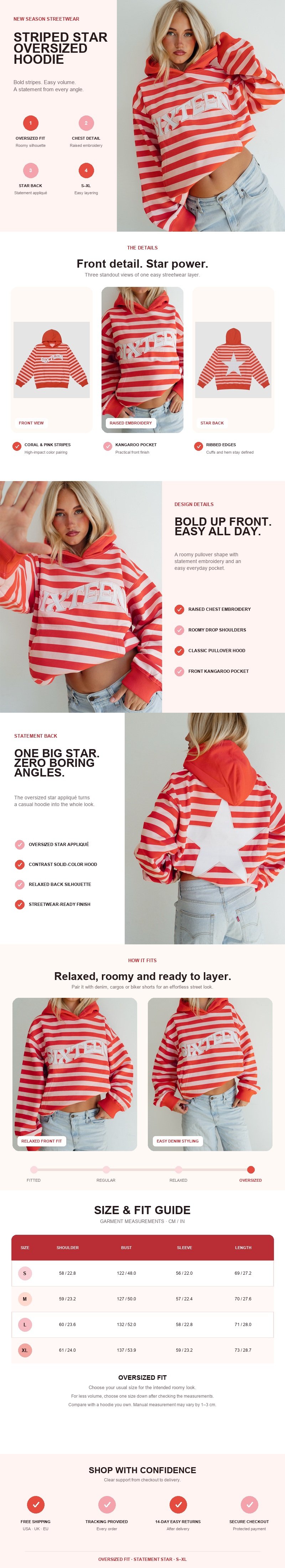 Women’s coral-red and pink striped oversized hoodie with raised chest embroidery and star back appliqué